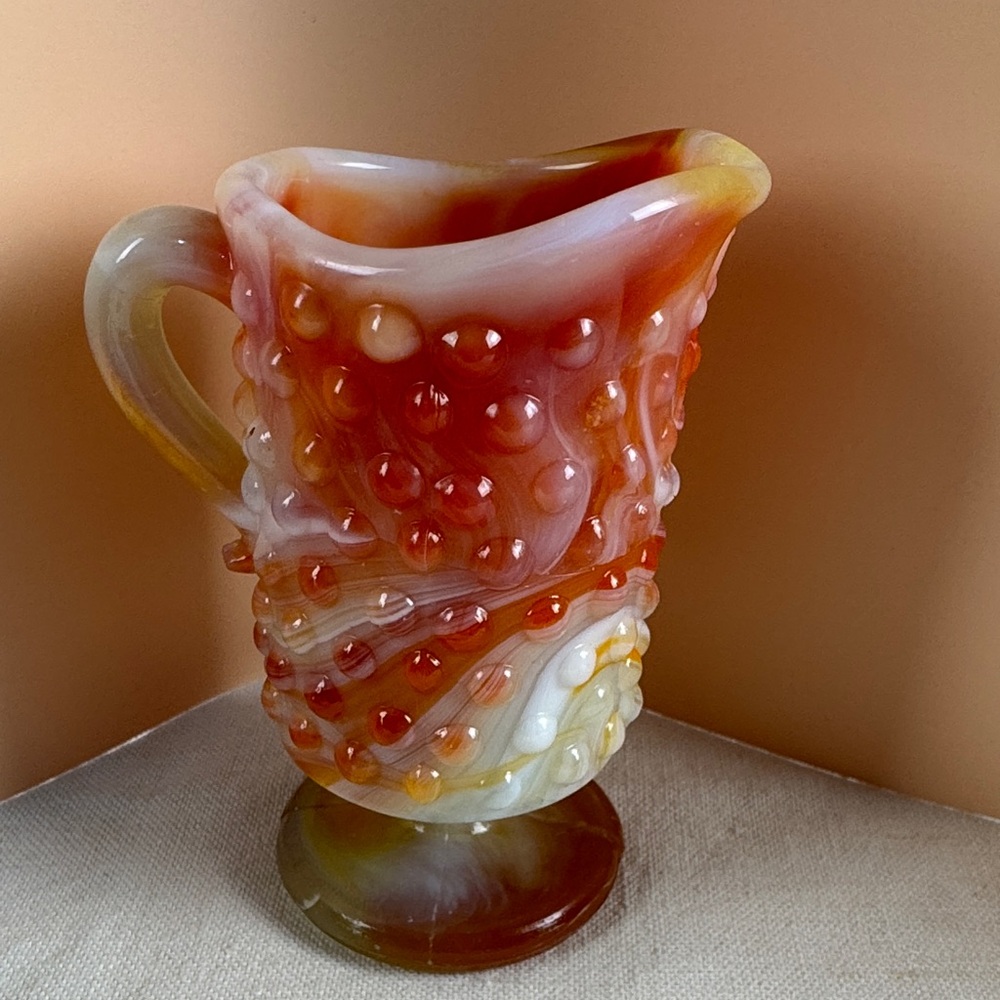 Vintage Kanawha Glass small Pitcher, Orange Hobnail glass - Picture 2 of 12